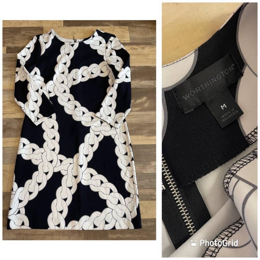 WORTHINGTON WOMEN BEAUTIFUL BLACK & WHITE CHAIN LINK DRESS - SIZE M